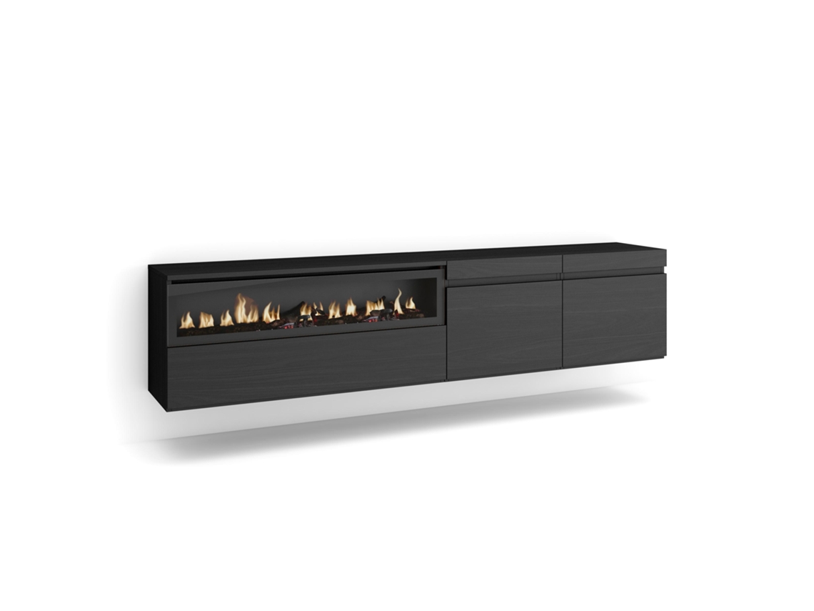 Mueble TV Televisión 200x45x35cm Para TV hasta 80 Chimenea eléctrica Colgado Suspendido Negro