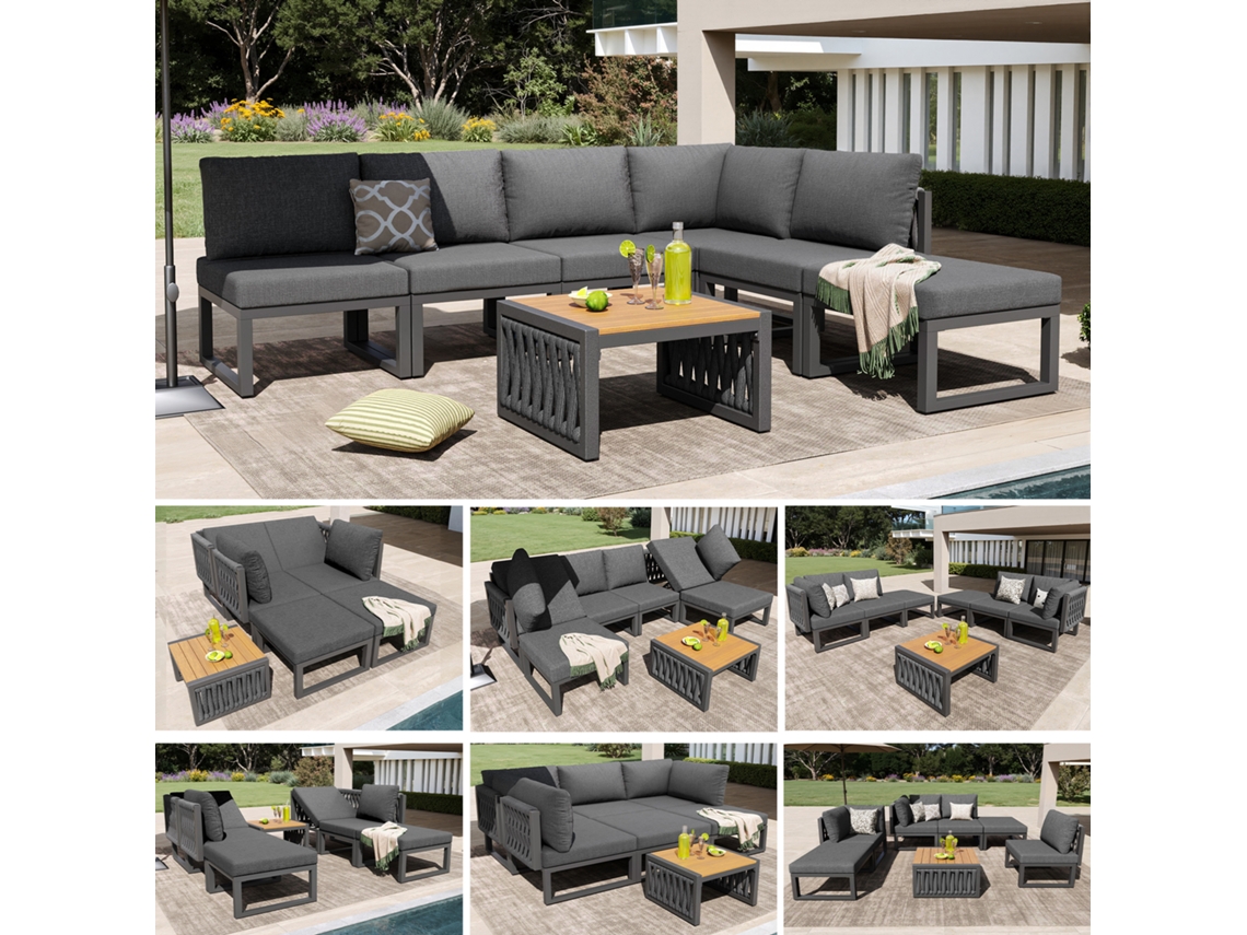 Conjunto Lounge Jardín 6 Personas, Sofás Y Tumbonas, Respaldo Ajustable, Cojines Cómodos, Exterior Gris