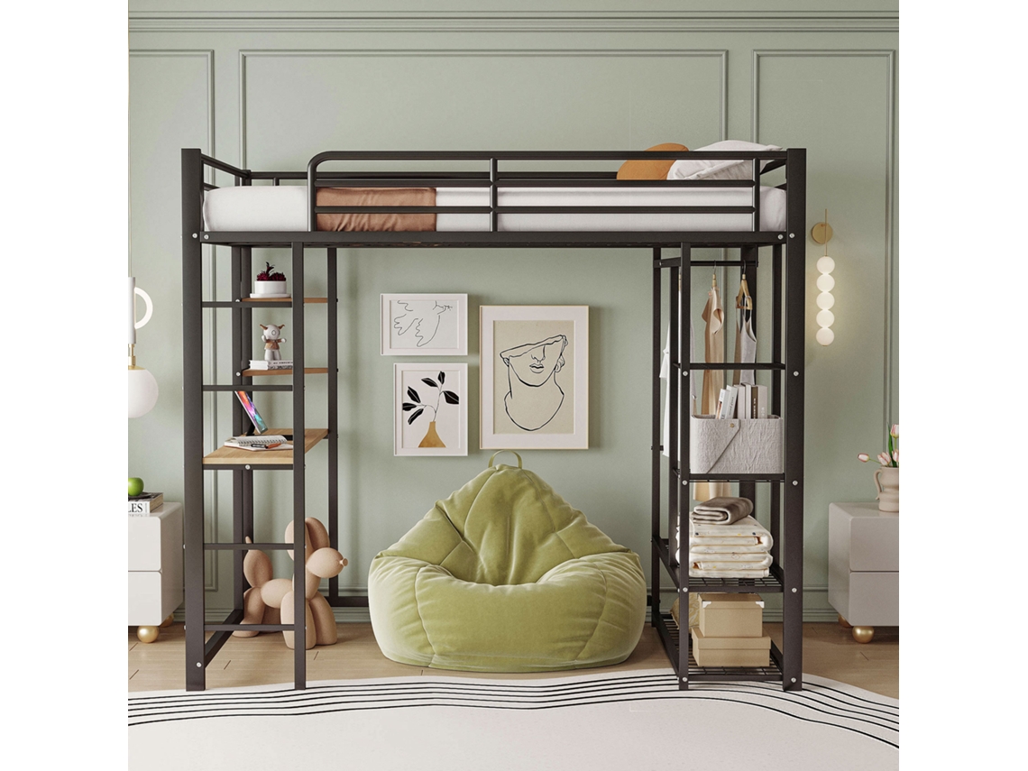 Cama alta de 90 x 200 cm con escalera, mesa y estantes, almacenamiento sencillo, estilo negro