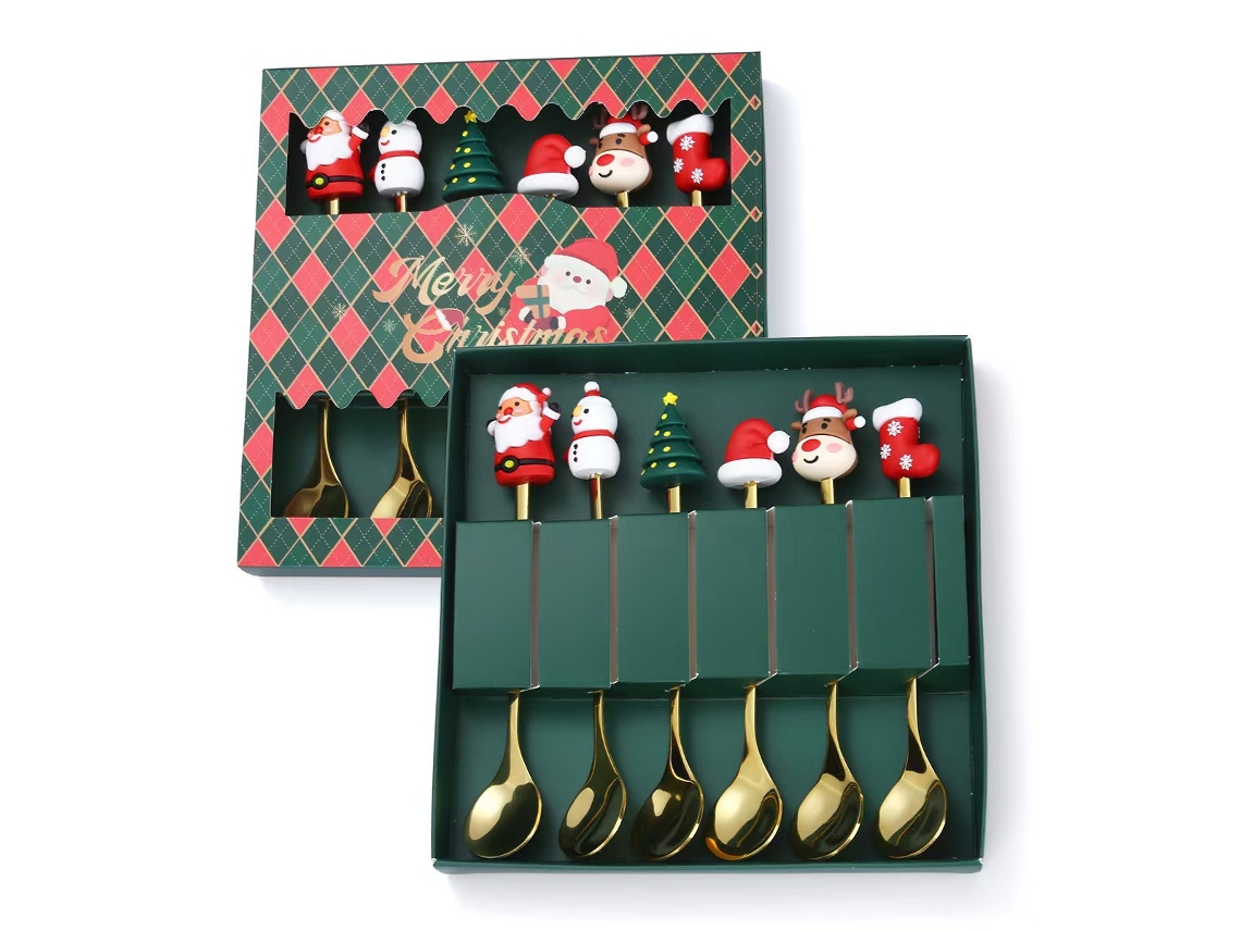 Juego de cubiertos navideños de acero inoxidable, cuchara de café, tenedor, 6 piezas, dorado (c)