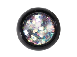 Decoración artística de uñas con estrellas hexagonales, purpurina morada y secuencias irregulares para manicura.