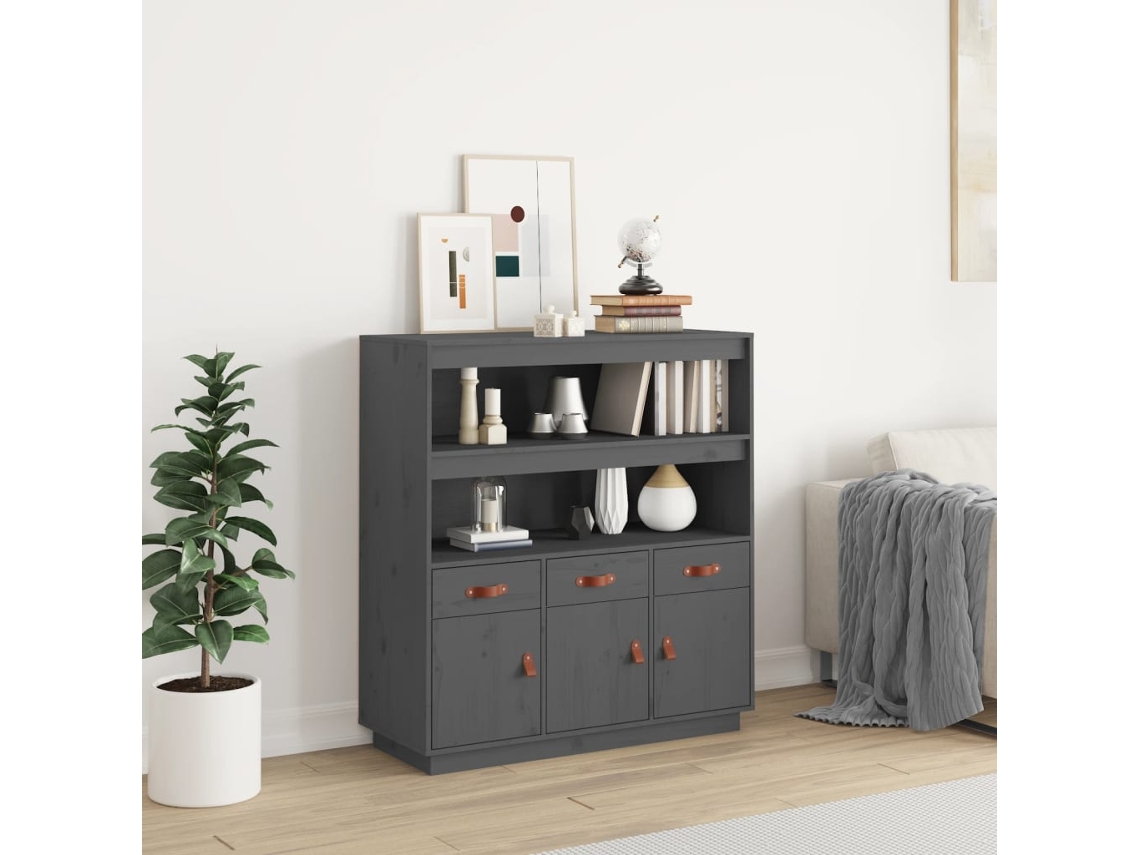 Aparador Alto Madera Maciza De Pino Gris 100x40x108,5 Cm