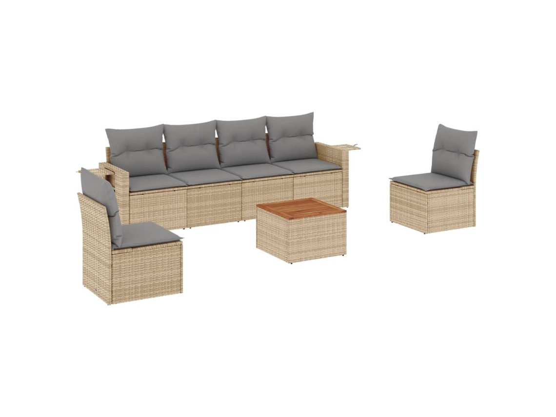 Conjunto de 7 sofás de jardín con cojines, mimbre, beige mixto, EXCLUSIVO DE LA CASA