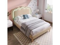 Cama Individual De 90x190 Cm, Led, Lino Beige, Cabecero Ajustable, Multifuncional.
