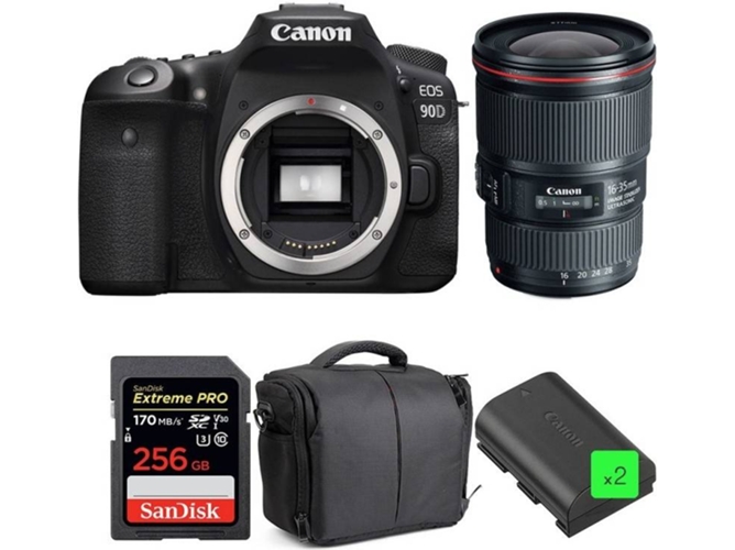 Kit Cámara Réflex CANON EOS 90D + EF 16-35mm f/4L IS USM + SanDisk 256GB + 2 LP-E6N + Bolsa