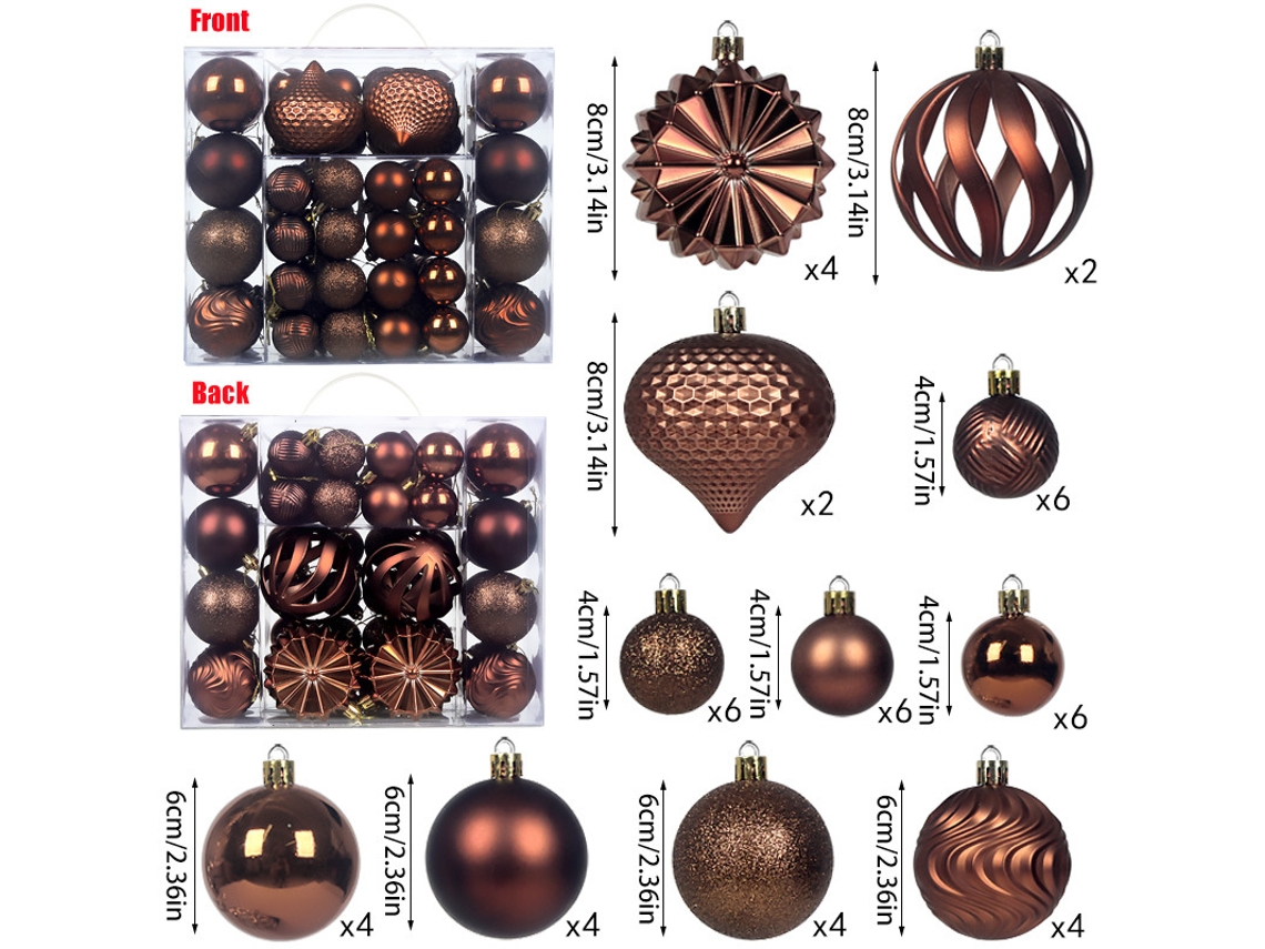 Bolas de Navidad nuevas, 48 piezas, 4/6/8 cm, en caja, decoración para árbol de Navidad, adornos navideños. Yunzii (marrón)