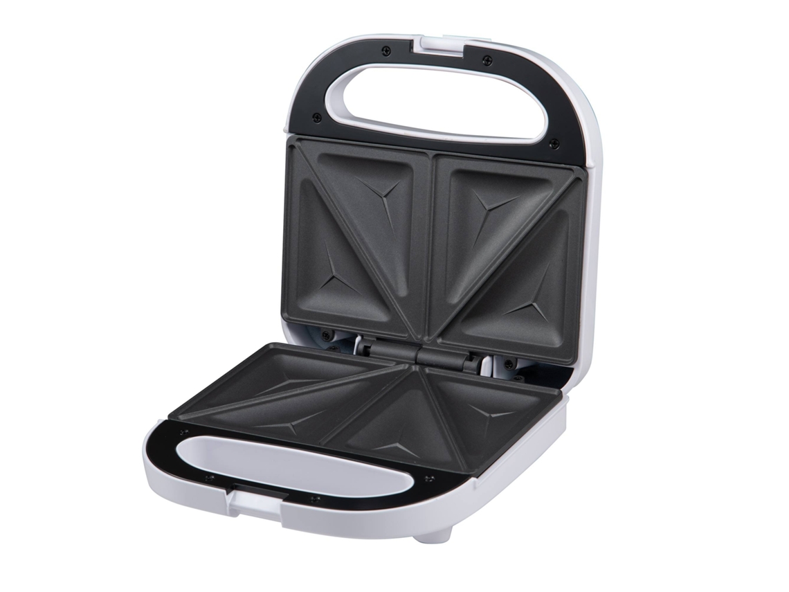 Sandwichera de 750 W con revestimiento antiadherente y termostato ajustable.