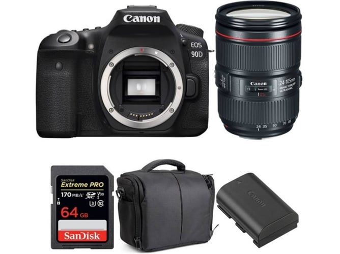 Kit Cámara Réflex CANON EOS 90D + EF 24-105mm f/4L IS II USM + SanDisk 64GB + LP-E6N + Bolsa