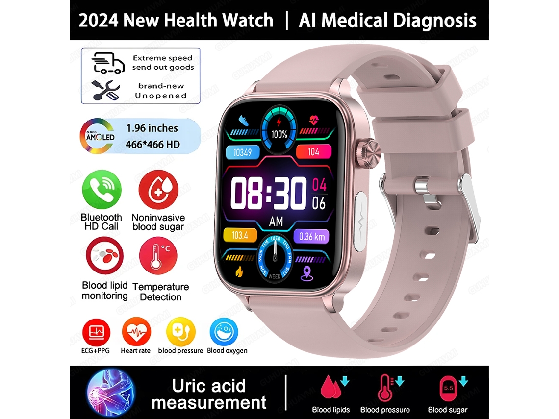 Reloj inteligente con función de diagnóstico médico de glucosa en sangre con IA, pantalla táctil HD de 1,96 pulgadas MDUG (rosa)