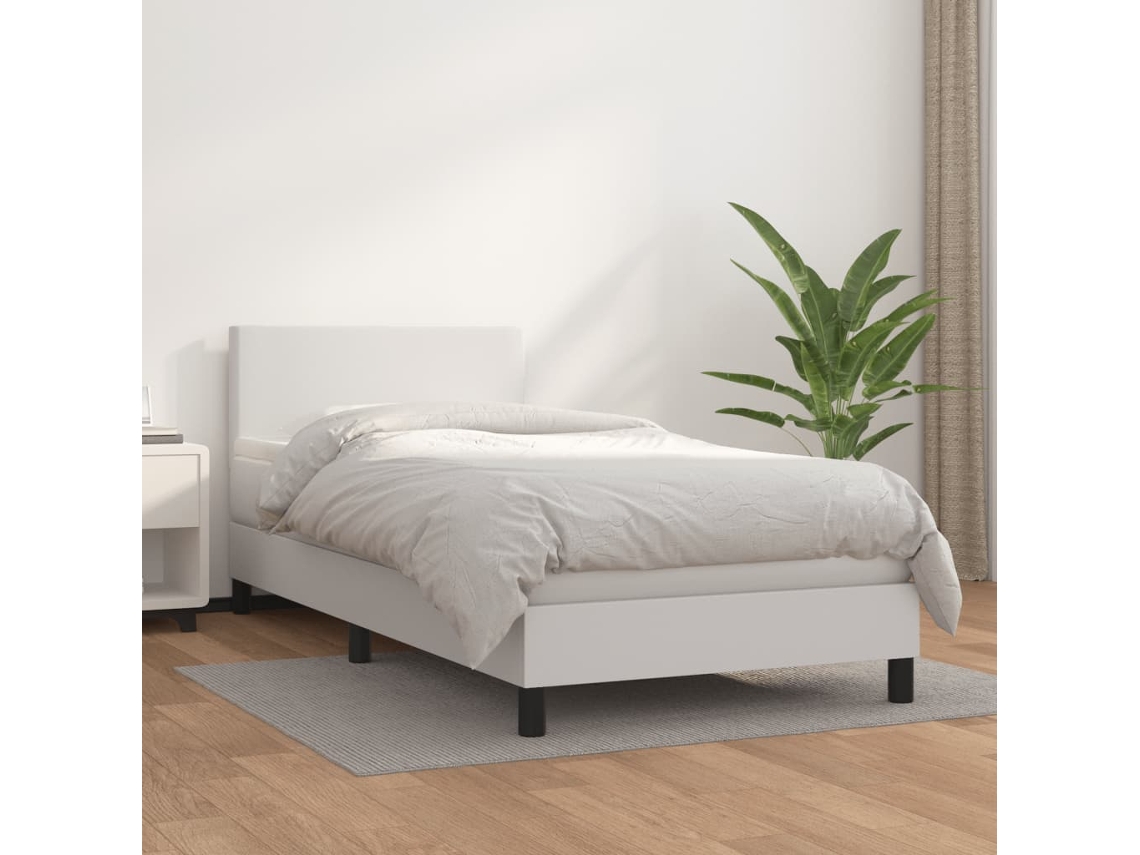 Cama Box Spring Con Colchón Cuero Sintético Blanco 90x190 Cm