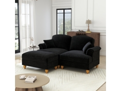 Sofá modular de 2 plazas en forma de L de estilo Mid-Century, tejido de chenilla, brazos cónicos, faldón extraíble, patas torneadas, negro, MOBRIO