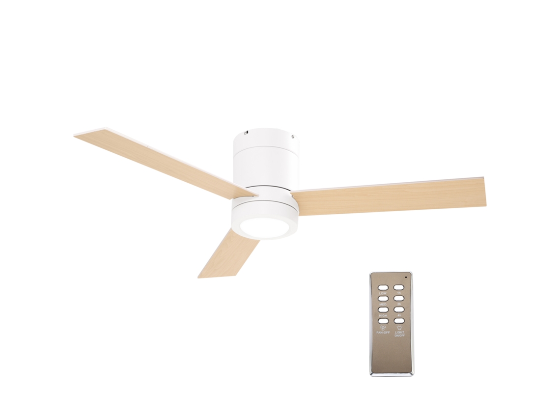 Ventilador de techo 2 en 1 con luz LED, 3 velocidades, funcionamiento silencioso, mando a distancia, 112 cm de diámetro, en colores natural y blanco.