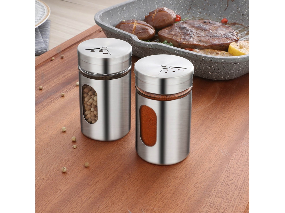 Primer salero de acero inoxidable con vaso para condimentos y barbacoa.