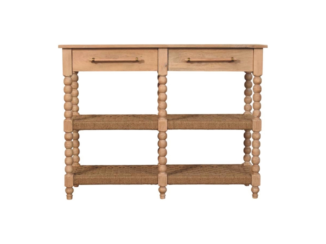 Mesa consola Savoy Bobbin de madera maciza con estantes de yute de ARTISAN FURNITURE EST 1995 TM