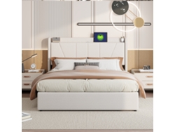 Cama Canapé 140x200 Cm De Tela De Lino Con Puerto Usb, Cabecero Acolchado Y Somier De Láminas, Beige