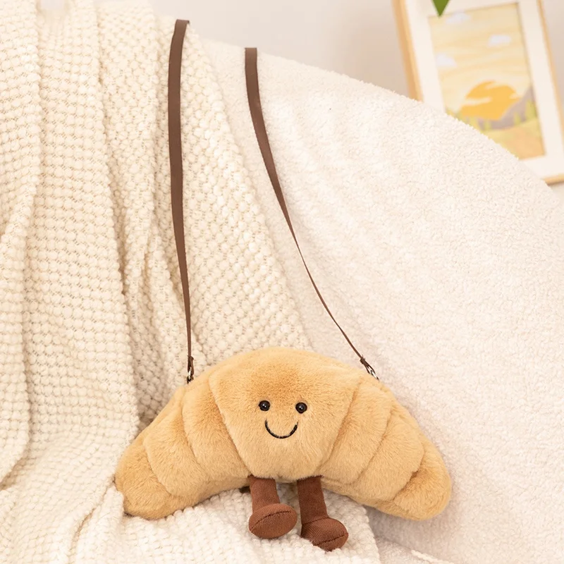 (croissant De 28x13 Cm) Divertido Y Adorable Bolso Bandolera De Peluche Con Temática De Comida, Suave Y Esponjoso.