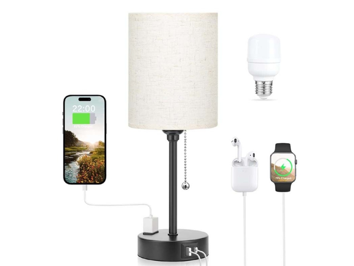 Sstrwgood Lámpara De Mesita Con 3 Temperaturas De Color, Puertos Usb-c Y Usb-a, Base Metálica Negra