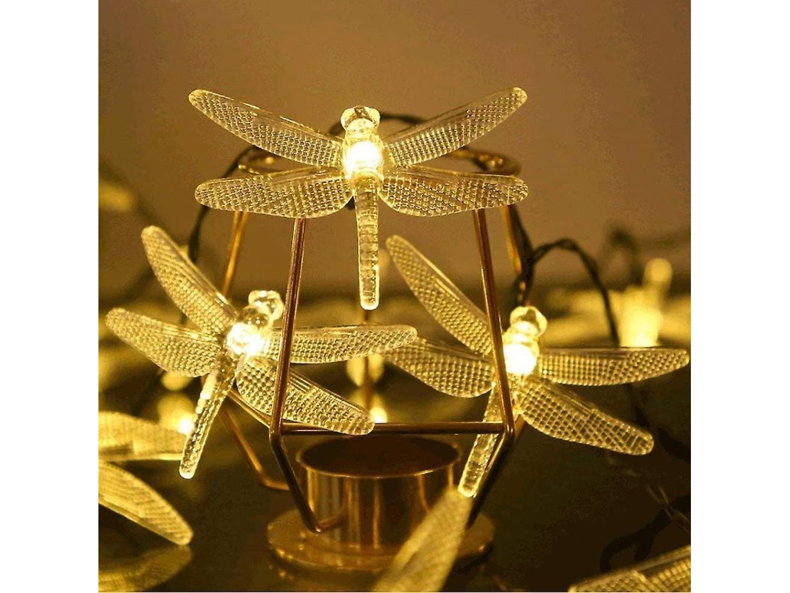 Guirnalda de luces solares para exteriores con libélulas, 50 LED de luz blanca cálida, resistente al agua IP65, modos de parpadeo.