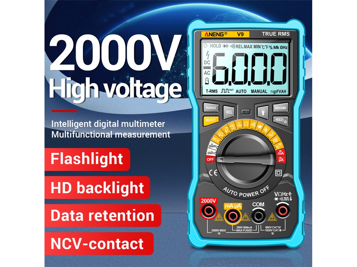 Multímetro Digital Aneng V9, 6000 Cuentas, Comprobador Eléctrico Ncv De 2000 V Con Linterna.