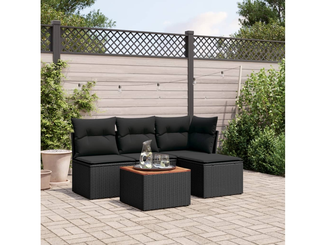 Conjunto de sofá de jardín de 5 piezas con cojines de mimbre sintético negro, Dkd Home Decor