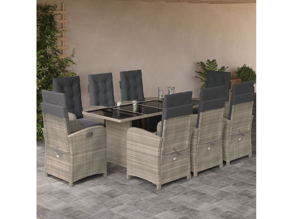 Juego de comedor de jardín de 9 piezas con cojines gris claro, Dkd Home Decor