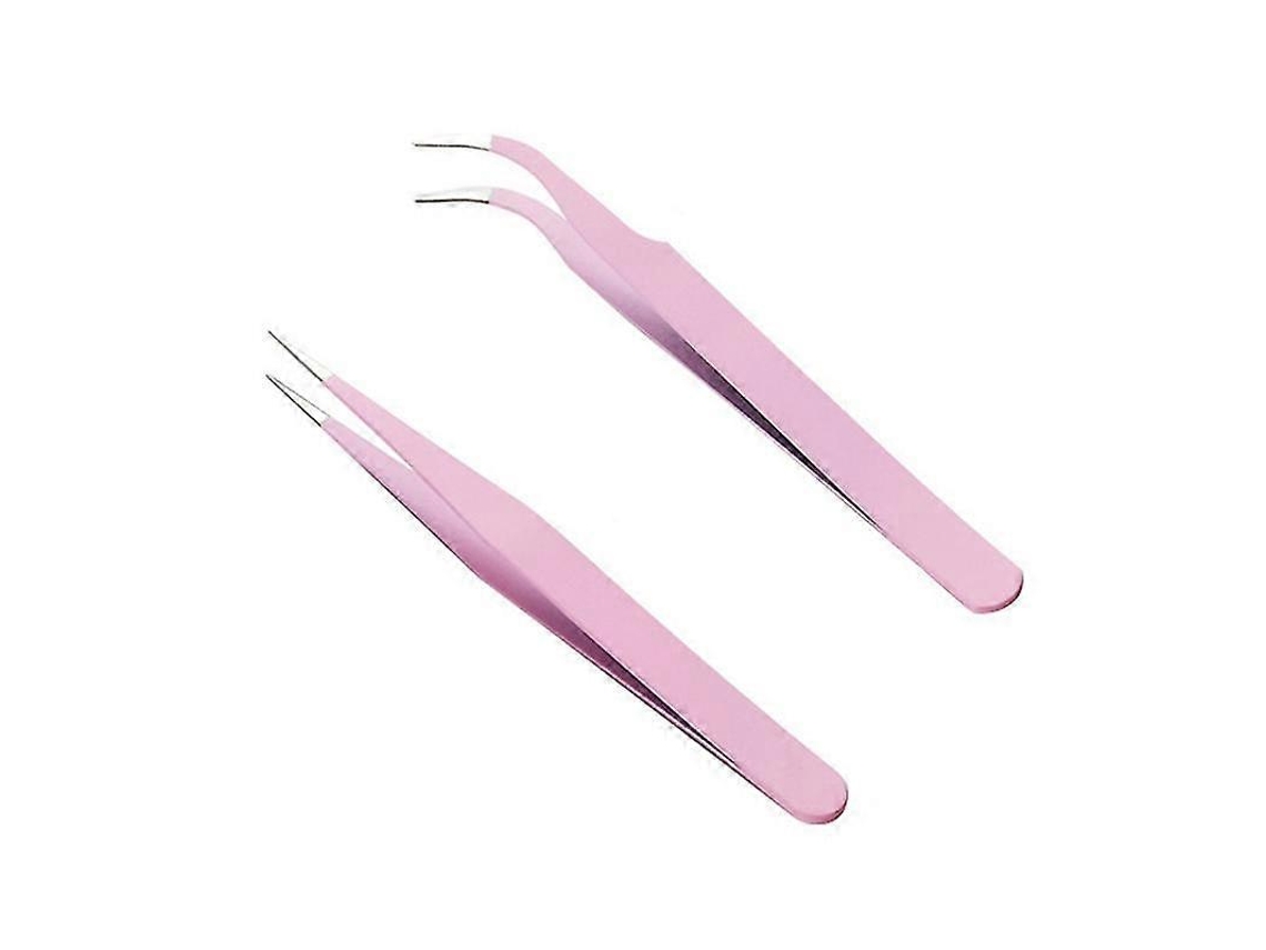 2pcs Pinzas Multiuso Ligeras De Metal Para Artículo De Uñas Pegatinas Recta Y Curva Para Diy Y Maquillaje Rosa