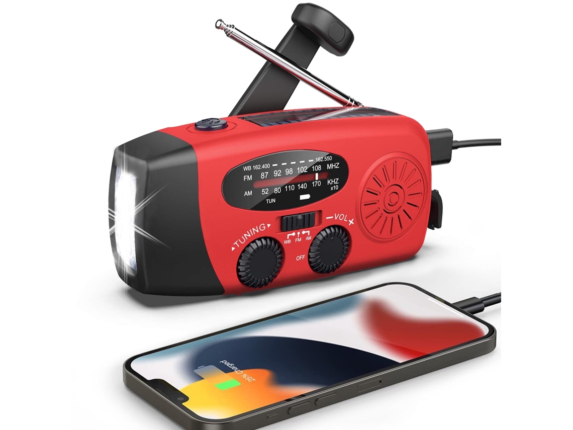 Radio solar portátil de emergencia con manivela, AM FM WB, 2000 mAh, batería externa recargable, color rojo (para cargar celular)