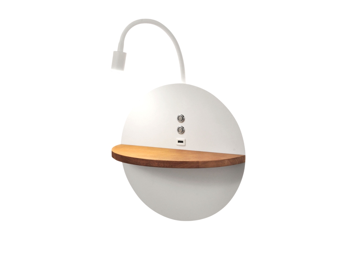 Aplique de pared doble con estante y luz LED de 15 W Fabas Luce Touch Dimmer Blanco mate con USB integrado en madera