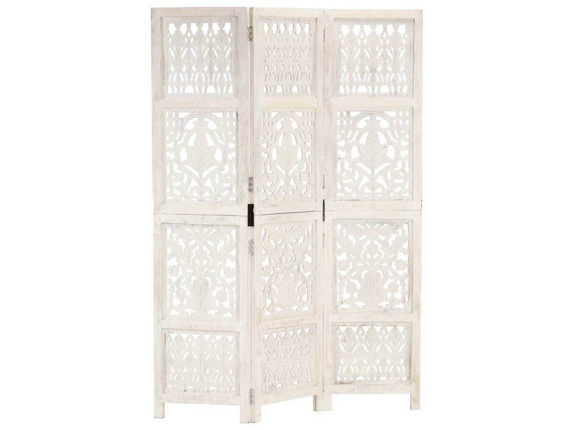 Biombo 3 Paneles Tallado A Mano Madera Mango Blanco 120x165 Cm