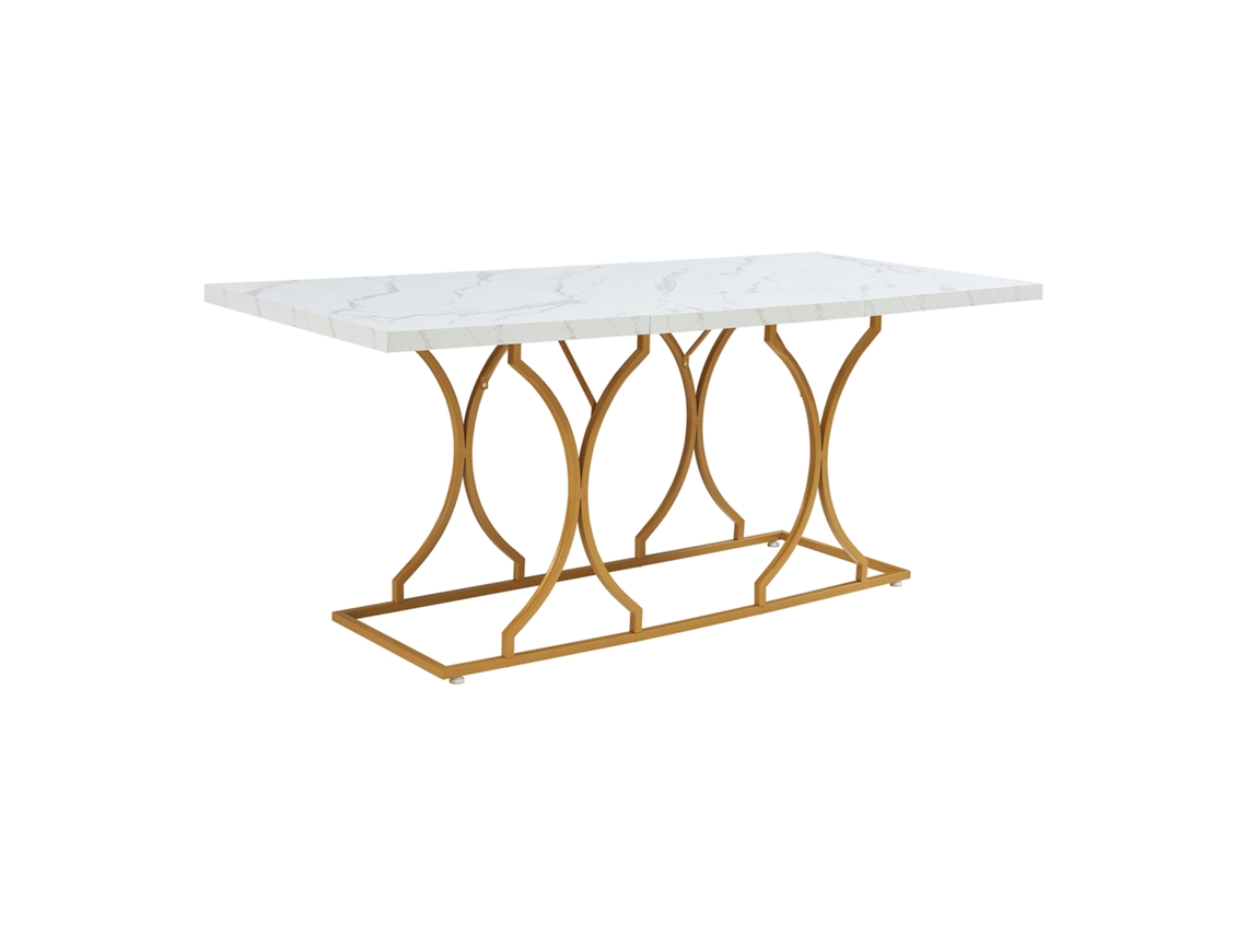 Mesa de comedor Figa para 6 personas, aspecto mármol, blanco/dorado [EN.CASA]