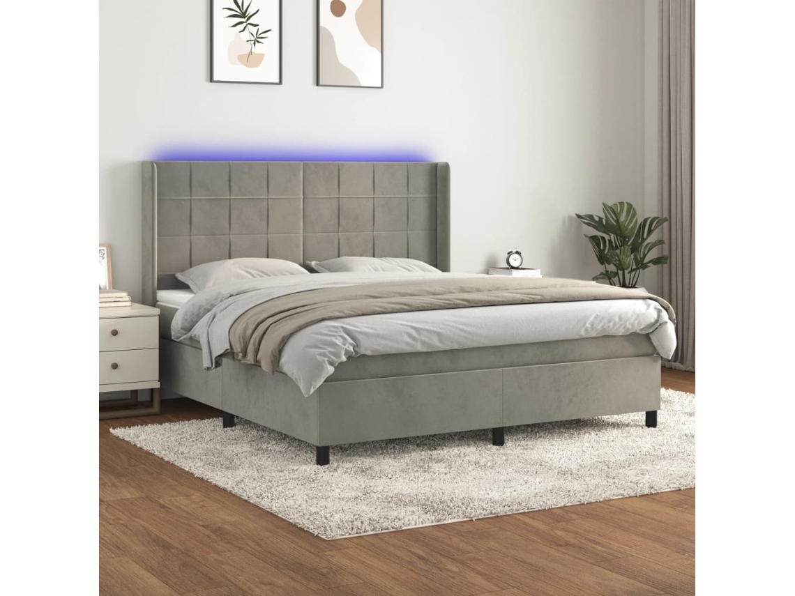 Cama Box Spring Colchón Y Led Terciopelo Gris Claro 160x200 Cm