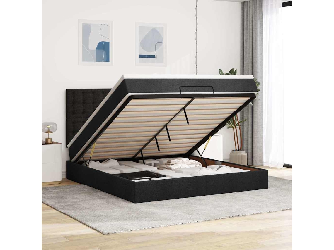 Estructura De Cama Otomana Con Colchón Tela Negra 180x200cm