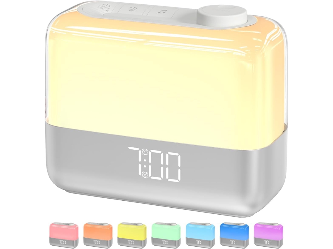 Despertador digital Sunrise para dormitorio con luz de despertador, luz ambiental nocturna RGB, función de repetición de 9 minutos Ikikso (blanco)