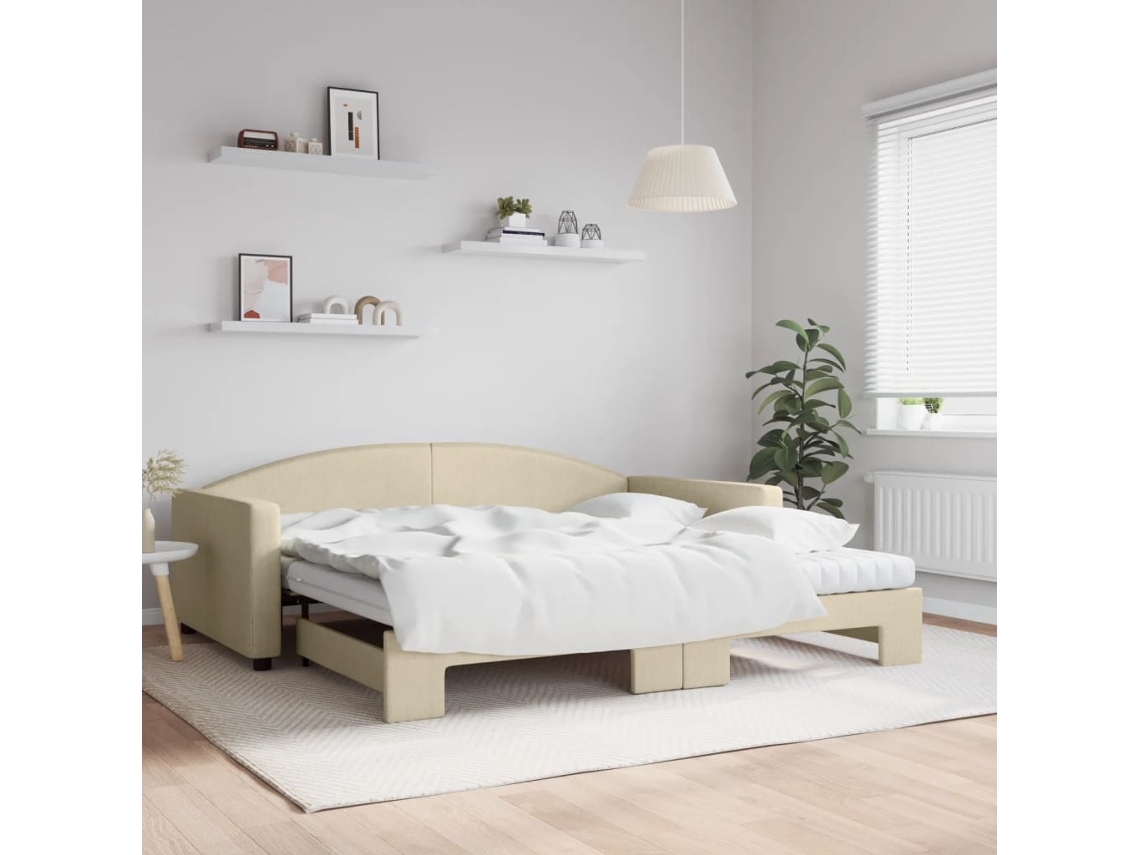 Sofá cama con cajón y colchones 100x200 cm, tela color crema
