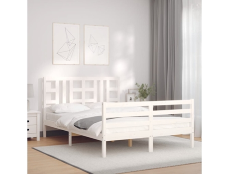 VIDAXL Cama doble blanca de madera maciza con cabecero (Madera - 135 x 190 cm)