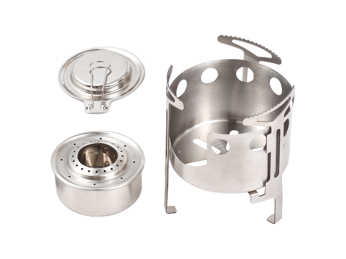 Hornillo De Alcohol Portátil 2 En 1, 130 Ml, Acero Inoxidable Con Tapa Y Base, Para Aventuras Y Acampada.