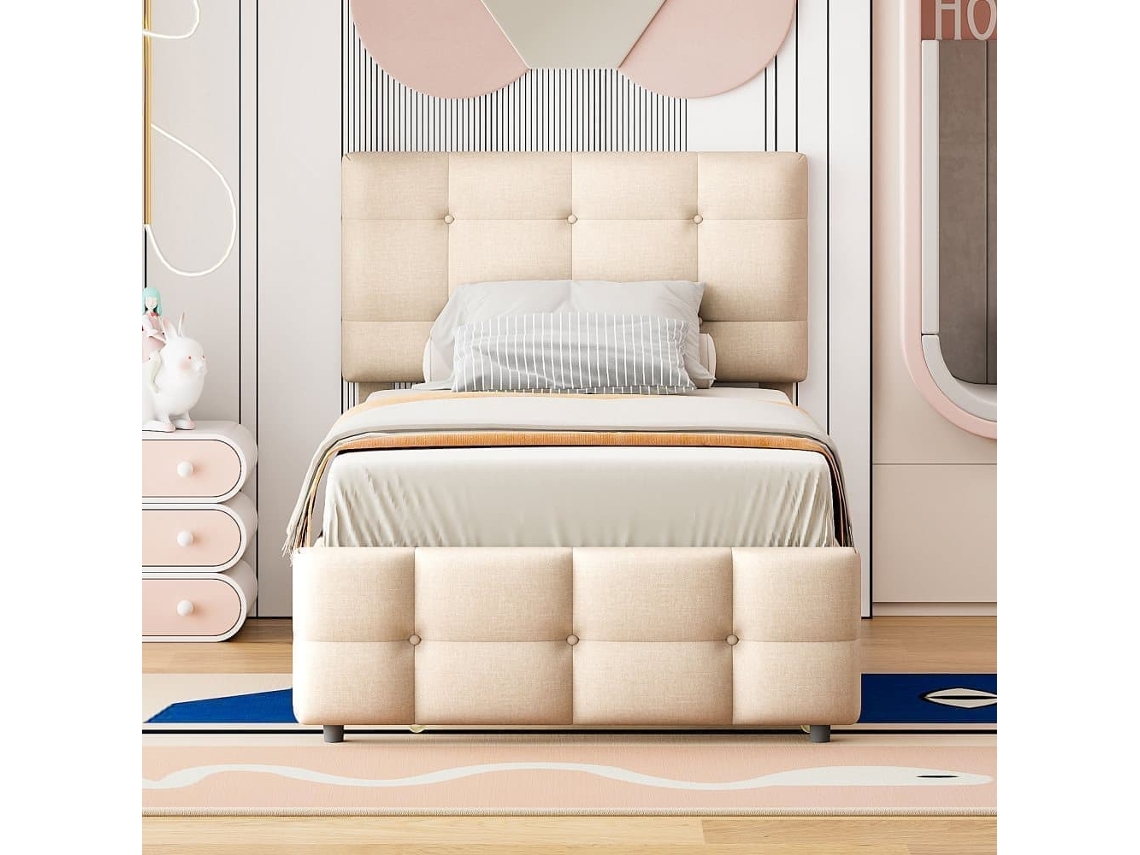 Cama Nido Capitoné 90x200cm - Cabecero Regulable - Tejido Lino - Beige