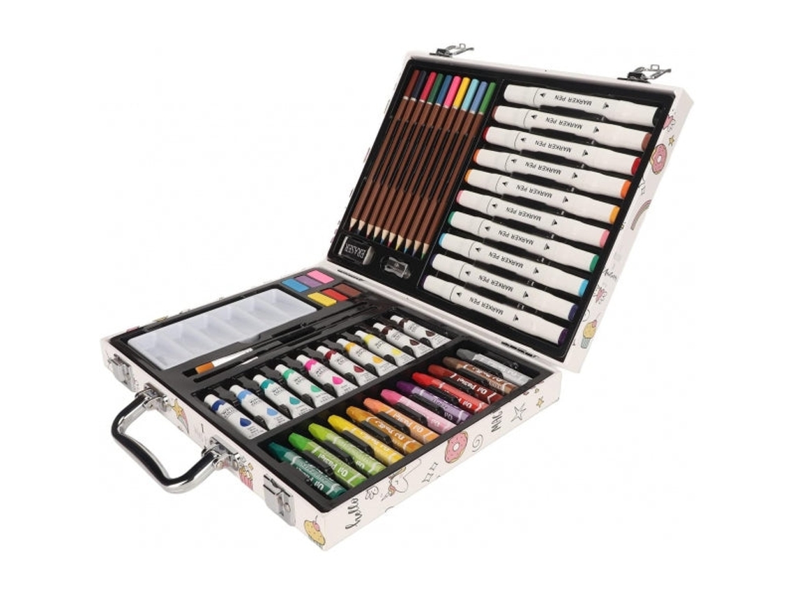 Kit completo de arte infantil con lápices, bolígrafos, pasteles, acuarelas y pinceles de Clickonit.