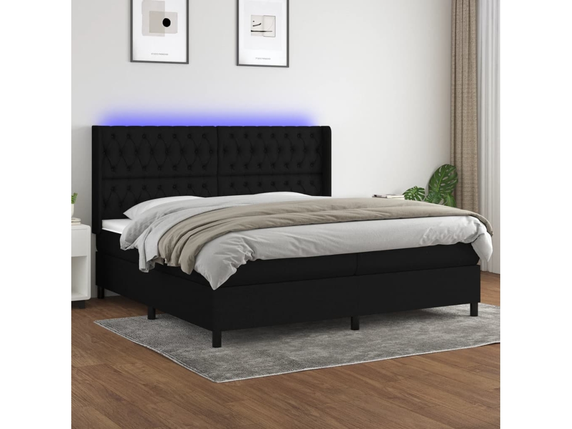 Cama Box Spring Colchón Y Luces Led Tela Negro 200x200 Cm