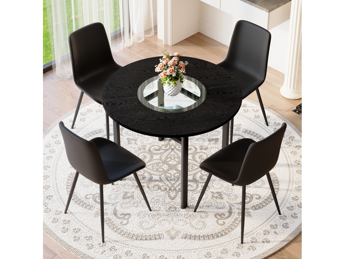 Conjunto De Comedor Redondo 100 Cm - 4 Sillas Negras Pu Con Asiento Ancho - Marrón+negro