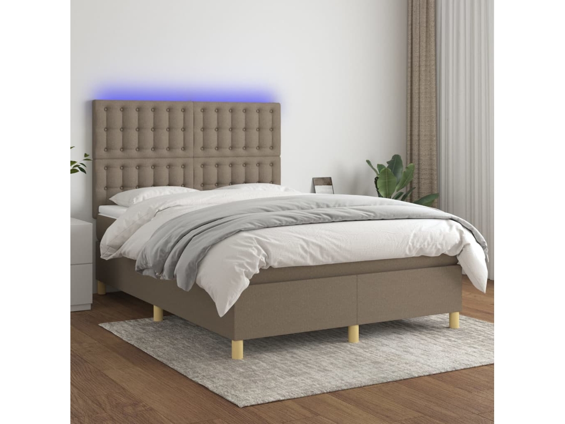 Cama Box Spring Colchón Y Luces Led Tela Gris Taupe 140x200 Cm
