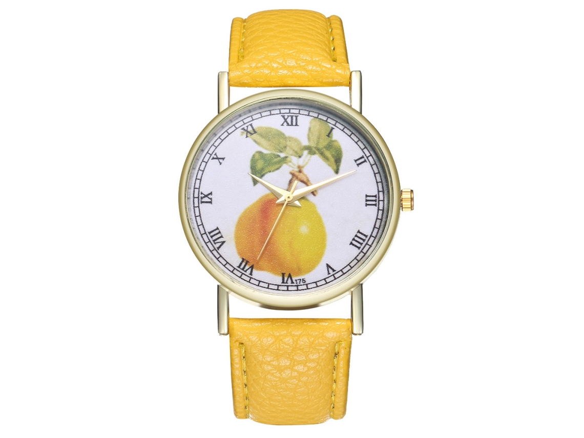 Reloj De Cuarzo Con Correa De Cuero Pu Moda Dial De Frutas Unisex Amarillo