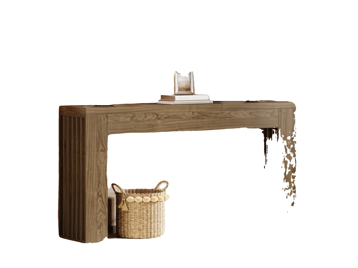 Mesa consola, diseño rústico, superficie amplia, color marrón.