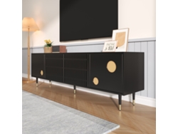 Mueble de TV con estructura enrejada, tiradores empotrados y detalles dorados. Mueble de salón. Dos puertas de madera maciza.