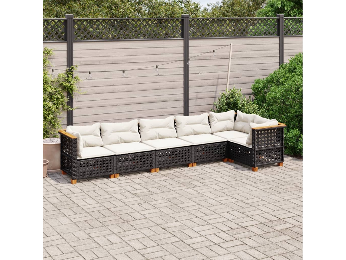 Conjunto de sofá de jardín de 6 piezas con cojines, mimbre sintético negro, DKD Home Decor