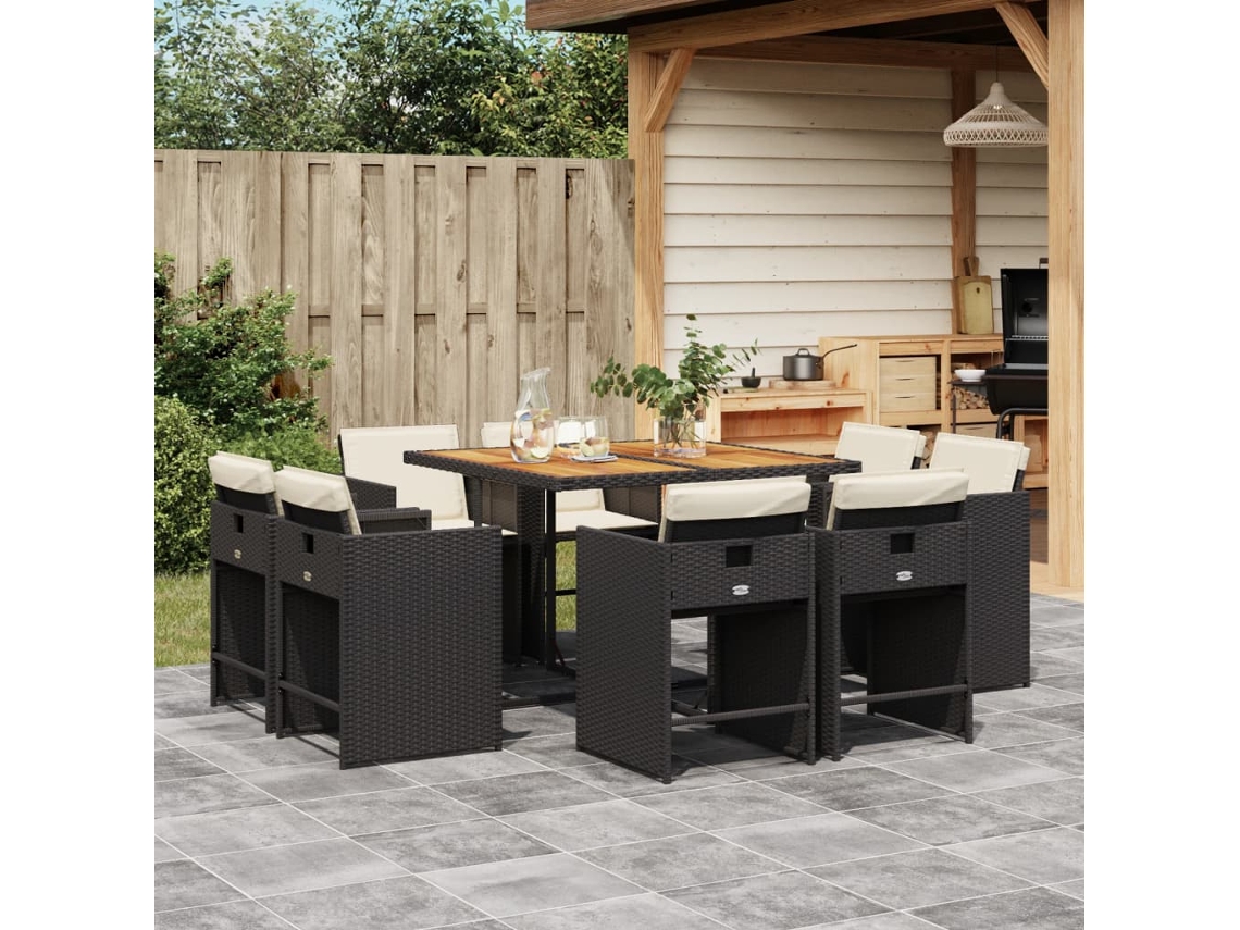 Juego de comedor de jardín de 9 piezas con cojines de mimbre negros de DKD Home Decor