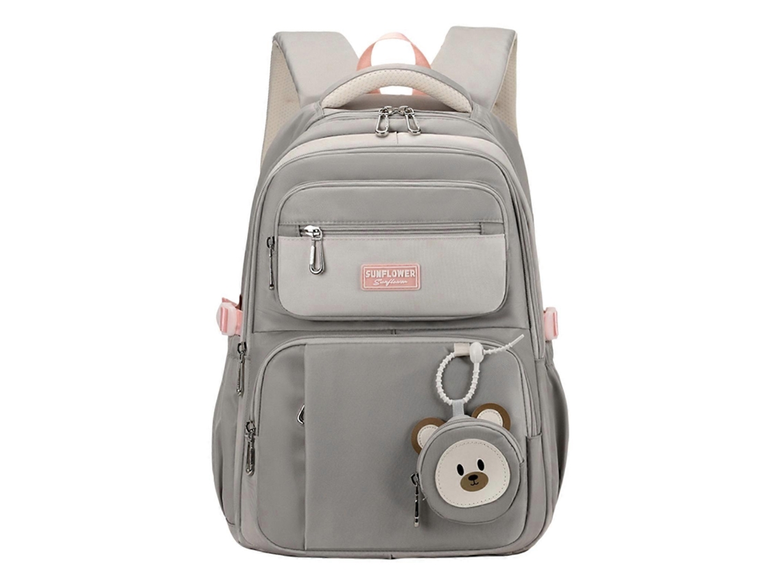 Mochila escolar moderna, cómoda y práctica para niñas, con un elegante colgante de peluche para diversas ocasiones. Gris.