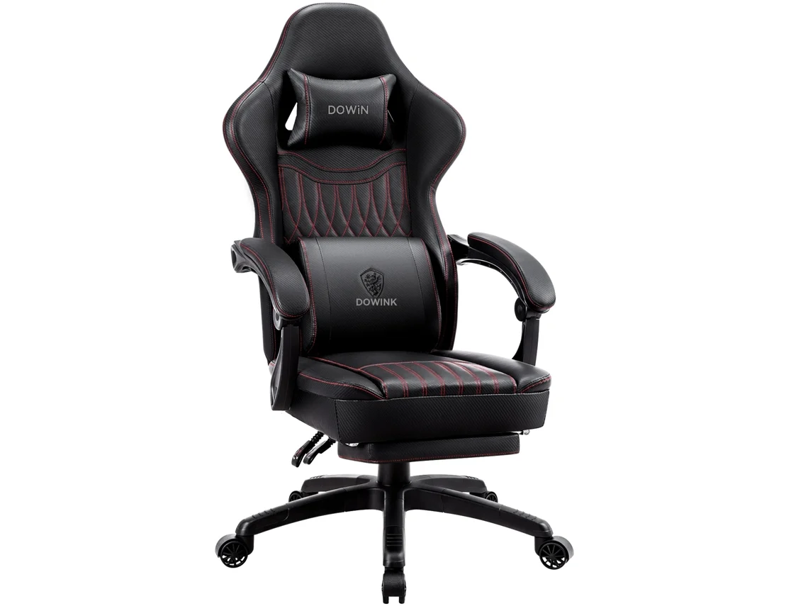 Silla ergonómica para juegos con masaje lumbar, cojín de resortes independiente, reposapiés integrado y piel sintética transpirable (negro)