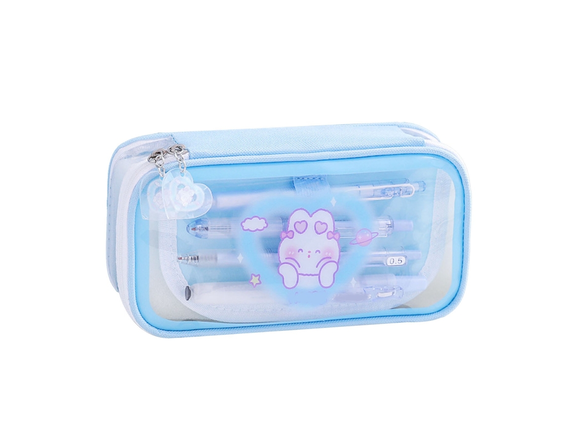 Estuche Para Lápices De Gran Capacidad Con Ventana Transparente Y Estampado De Dibujos Animados - Azul