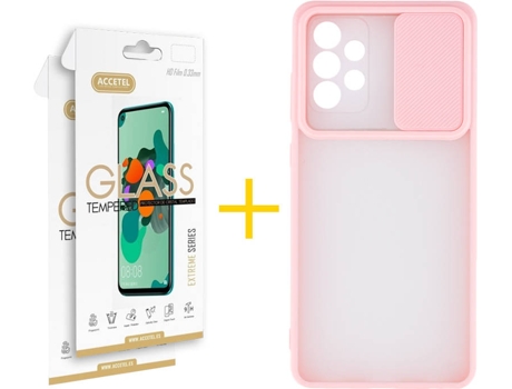 Carcasa y 2 Protectores de Pantalla de Vidrio Samsung A72 5G ACCETEL Gel Protección Cámara Rosa